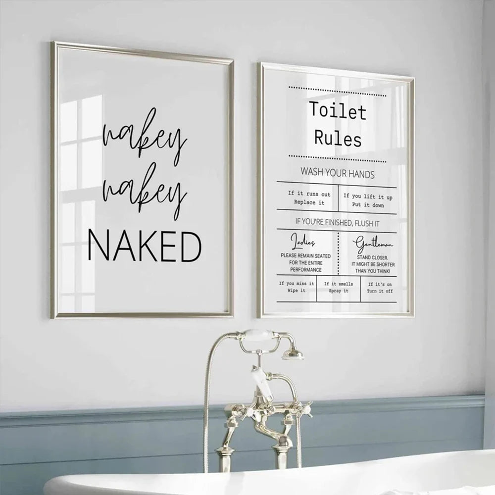 Black and White Modern Funny Nakey Naked Toilet Rules Quote Wall Art Canvas Painting Posters For Bathroom Room Home Decor