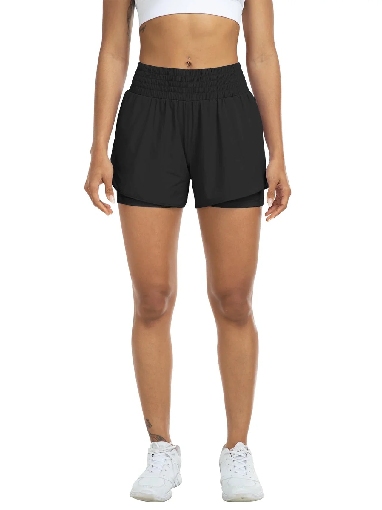 Women's high-waisted athletic shorts for running, yoga, layered design, anti-exposure, fitness, and workout with pockets