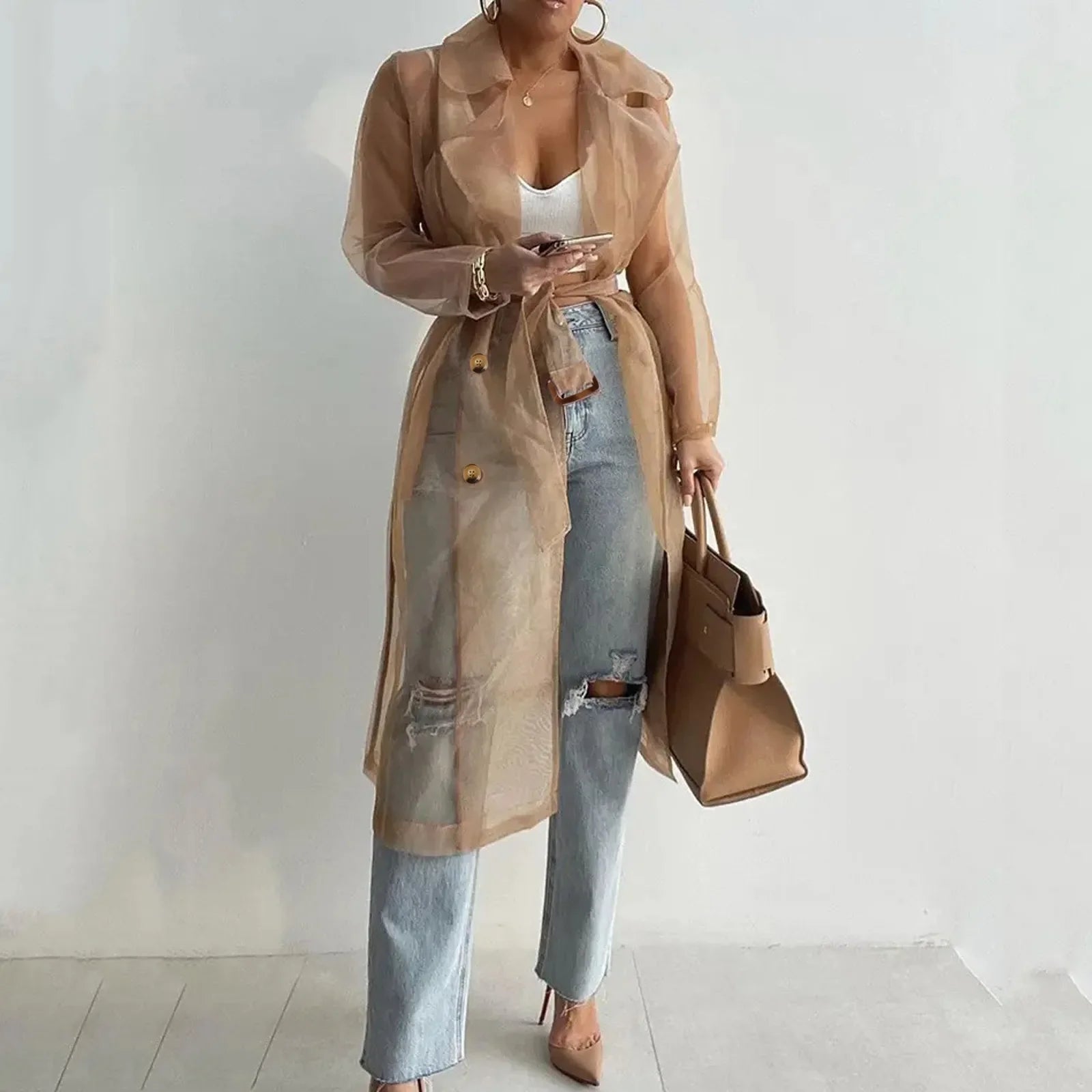 Women Organza See Though Sunscreen Long Sleeve Trench Summer Autumn Fashion Double Breasted Long Coat With Belted Tops Outwear