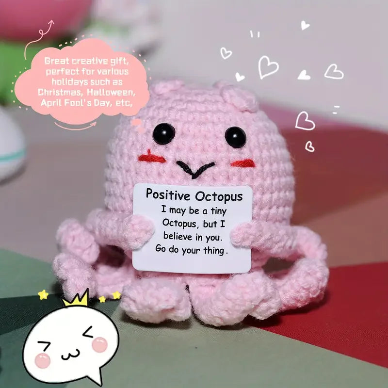 Mini Handmade Woolen Octopus Crochet Knitting, Positive Emotional Support Figure with Card, Creative Funny Decoration  Gift