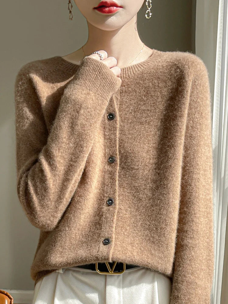 Women 100% Merino Wool Cardigan Soft O-Neck Cashmere Sweater OL Buttoned Knitwear Casual Top Clothing Korean Style