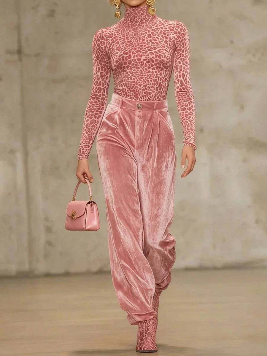 Bonboho Women's Pink Velvet High Waist Pants Buttoned Loose Fit Full Length Trousers 2026 Stylish Pleated Pants Matching Bottoms