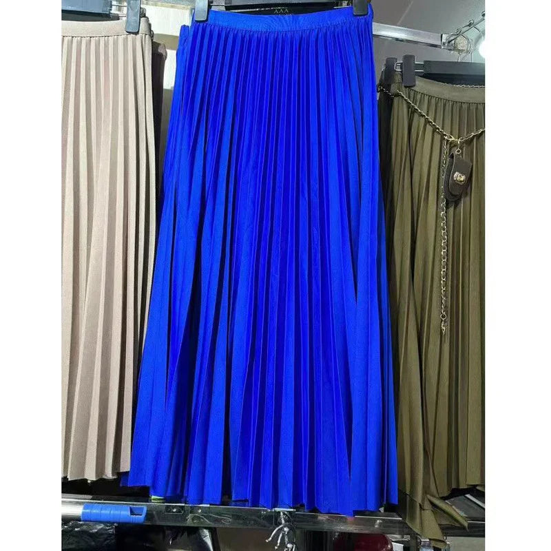 2026 Elegant High Waist Pleated Skirt for Women Mid-long Midi Skirt Female High Quality Black Saia