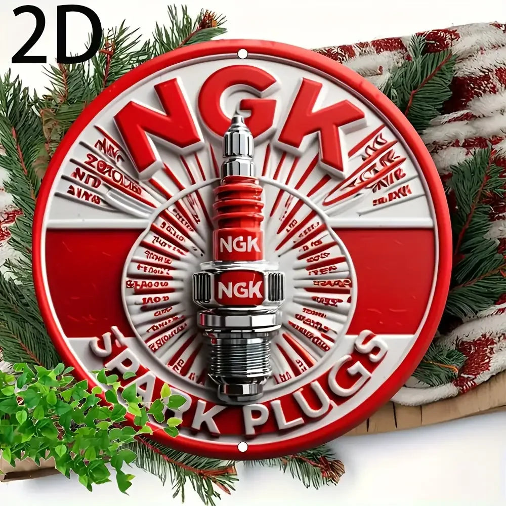 2D Flat, NGK Spark Plugs Aluminum Wall Sign, Retro 2D Round Metal Tin Plaque, Pre-Drilled, Waterproof, Weather-Resistant