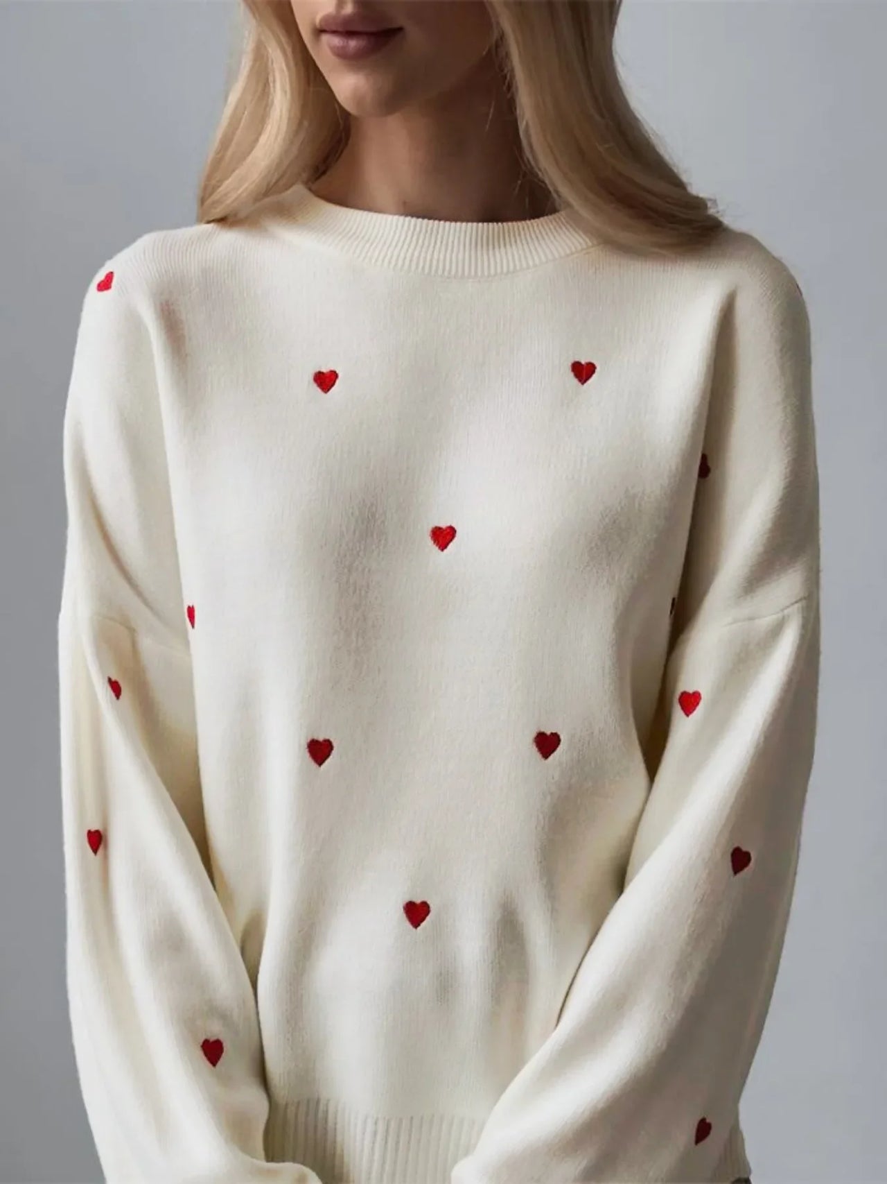 Women's Cream Red Heart Embroidered  Knit Sweater Crew Neck Long Sleeve Casual Pullover Fashion Comfortable Top