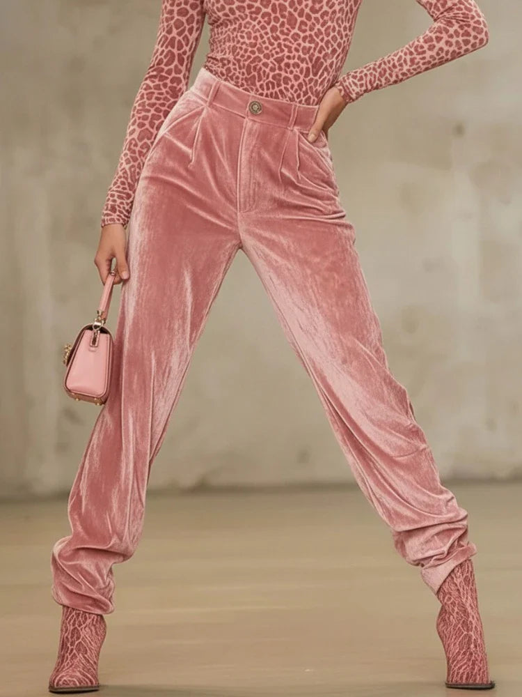 Bonboho Women's Pink Velvet High Waist Pants Buttoned Loose Fit Full Length Trousers 2026 Stylish Pleated Pants Matching Bottoms