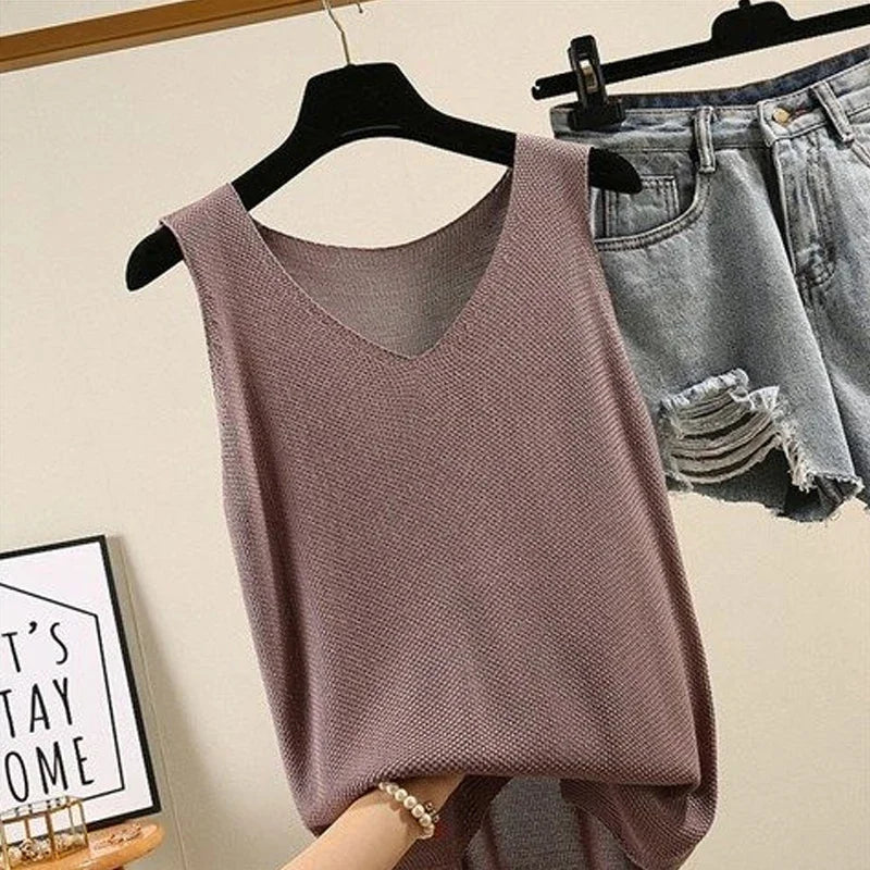 Fashion Woman Blouses 2024 V-neck Knitted Blouse Shirt Women Clothes Sleeveless Summer Blouse Women Womens Tops And Blouses C860