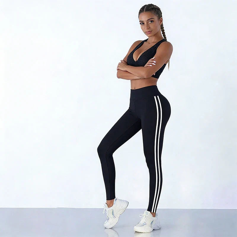 Womens High Waist Striped Yoga Leggings Butt Lifting Stretchy Breathable Tummy Control Soft Workout Pants for Gym Running