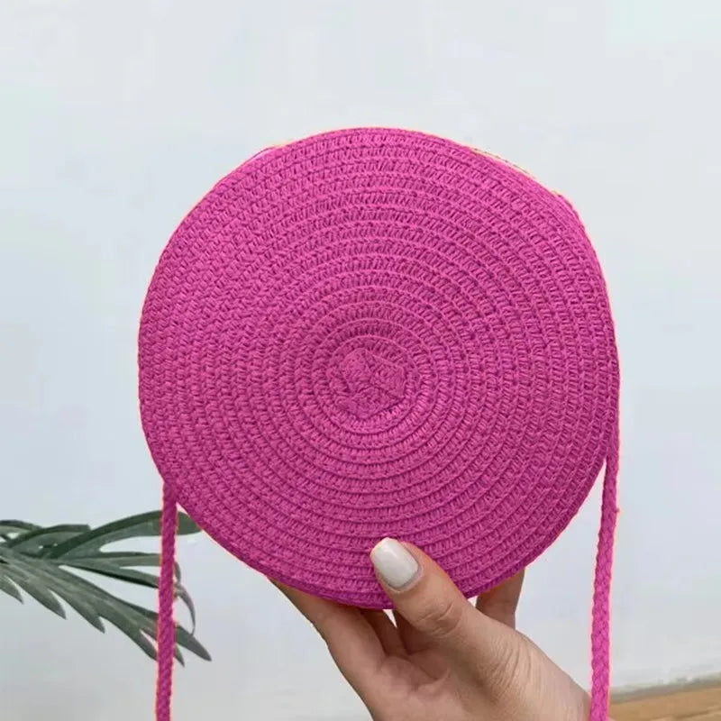 Summer Round Straw Bag For Women Woven Handmade Shoulder Bag New Travel Rattan Beach Bag Casual Style Crossbody Bag Handbag Purs