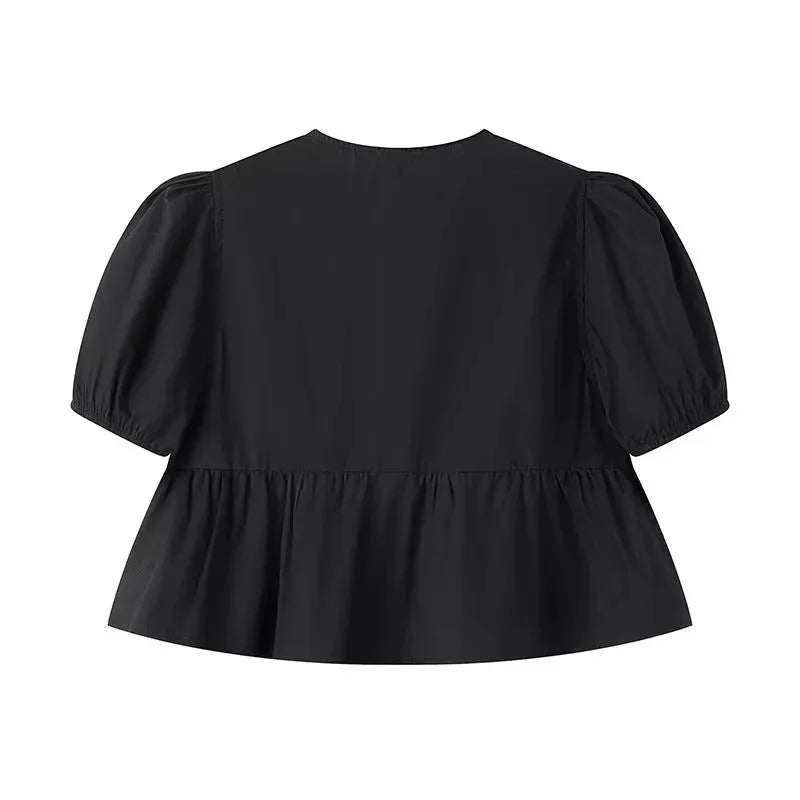 MUJER White Ruffle Crop Top Women Black Short Puff Sleeve Blouse Female Bow Tied Summer Blouses Woman 2025 Ruched Cute Tops