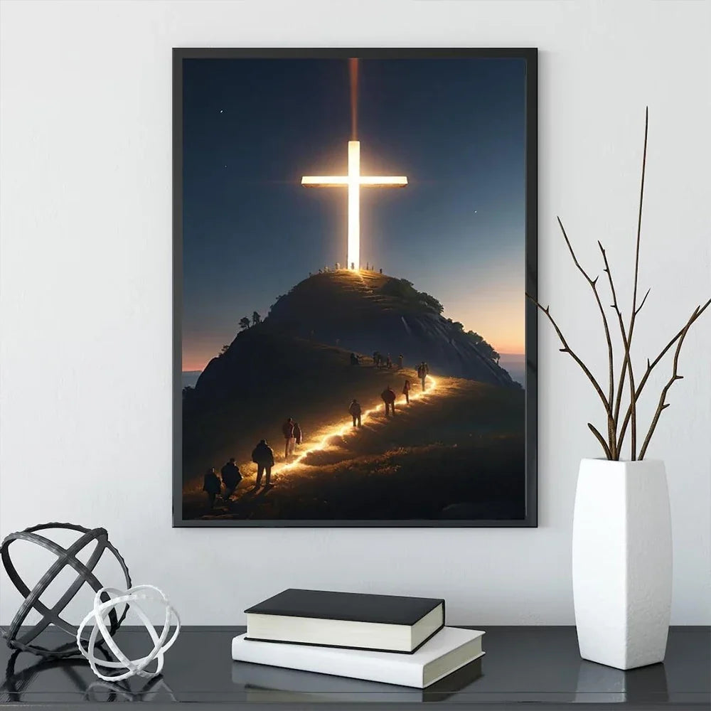Modern Christian Cross On The Top Of The Mountain Wall Art Canvas Painting Jesus Believers Posters For Room Home Church Decor