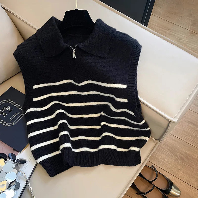 Korean Retro Lapel Zipper Stripe Knitted Vest Women Autumn Winter Sleeveless Sweater Casual 100% Polyester Pullover Outerwear