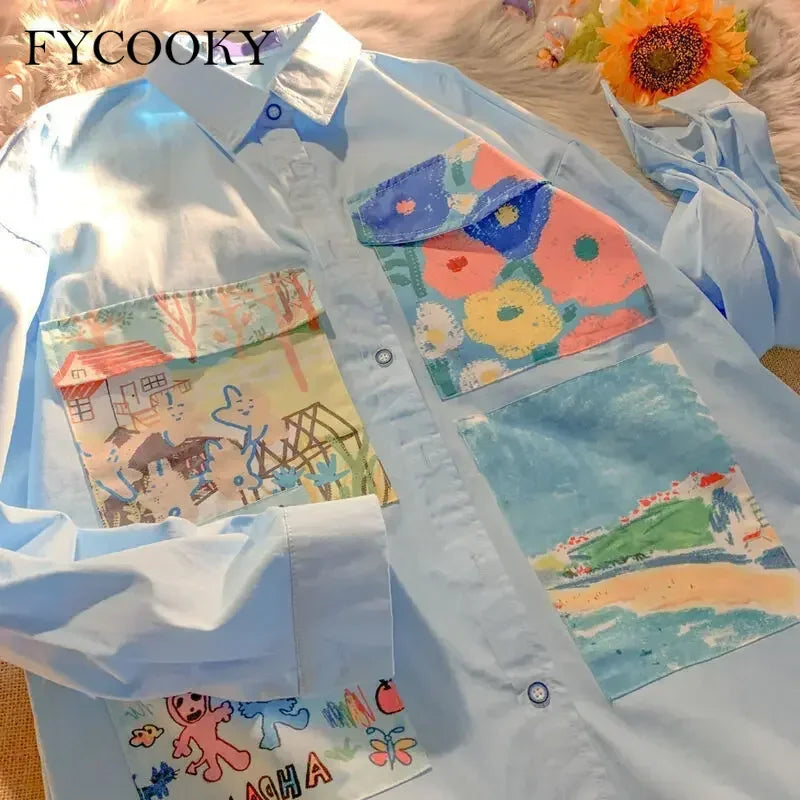 Yellow Oil Painting Print Shirts Women Spring Autumn Thin Loose Button Up Blouses Long Sleeved Oversize Shirt for Teenage Girls