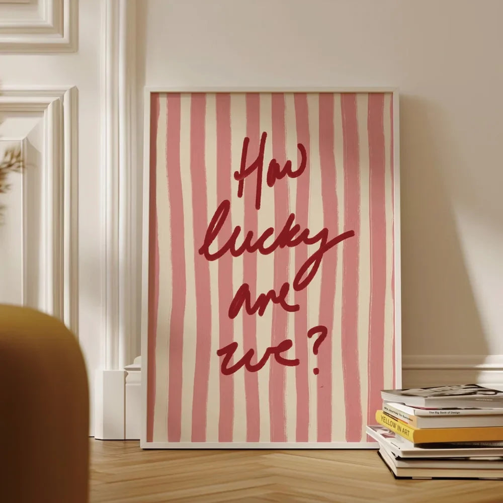 How Lucky Are We Pink Red Stripe Wall Art Prints Canvas Painting Poster Picture For Living Bedroom Dining Room Home Decor