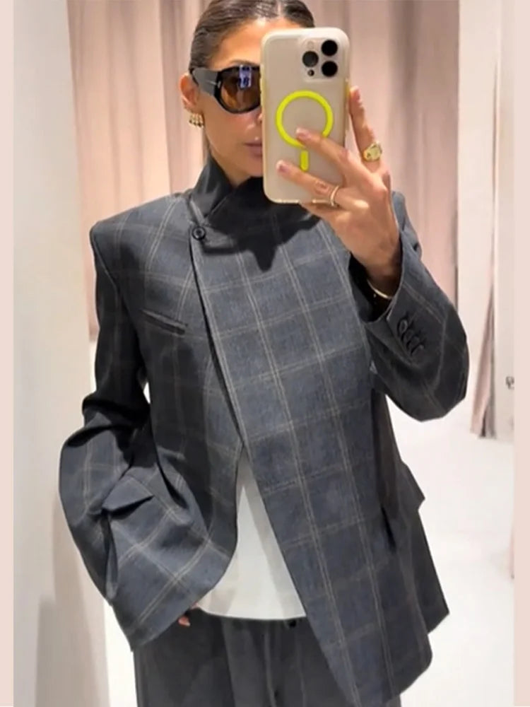 Women Irregular Plaid Blazer Jacket Stand Collar Full Sleeve Split Loose Short Jackets 2026 Fashion Lady Daily Commute Outwears