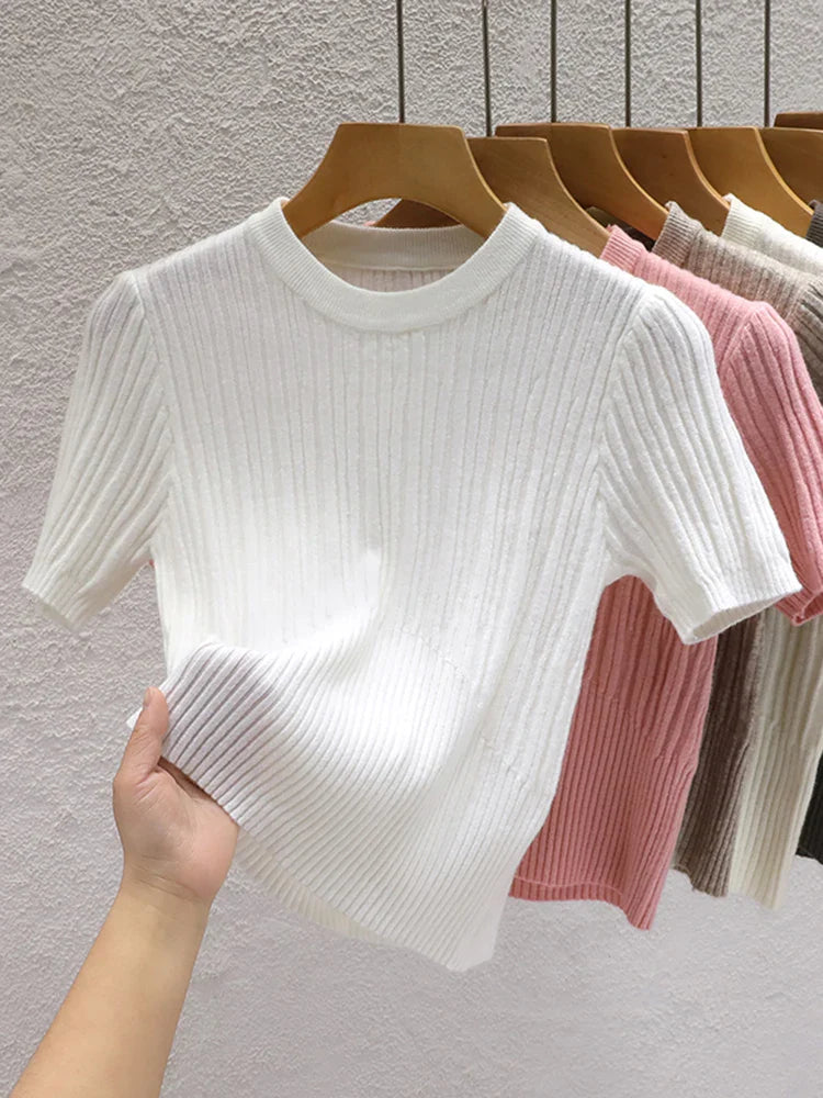2026 Summer T shirts for Women Casual Female Korean Knit Streetwear Tees Basic Solid Young Cool Tops