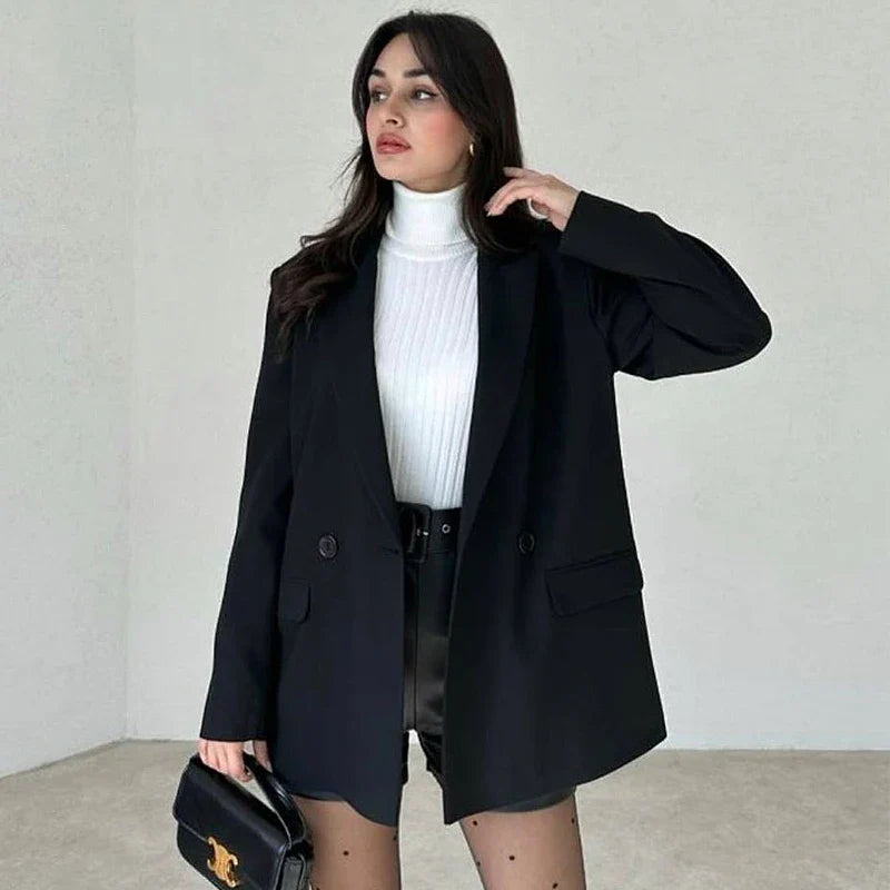 HXAO Blazer Women Double Breasted Pocket Women's Jacket 2025 Long Sleeve Casual Blazers Woman Chic Office Wear Ladies Coat