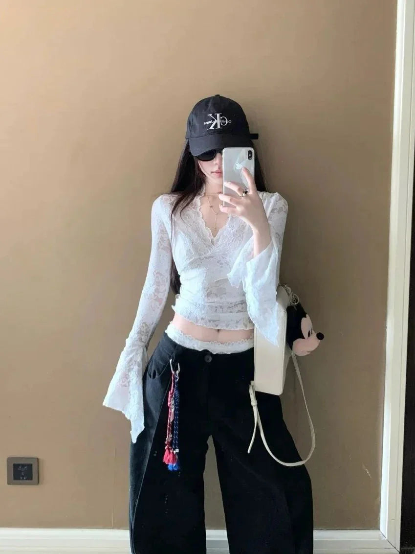 Sexy V-Neck Sheer T-Shirts Fashion Women Flare Long Sleeve Spring Lace Slim Pullovers Tops Casual Evening Party Club Chic Tees