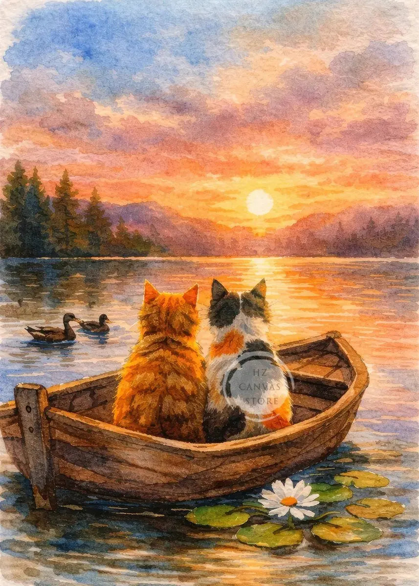 Cute Kittens Various Scenes Poster Funny Baby Cat in Daisy Field Watching Sunset on Beach Sleeping Canvas Print for Home Decor