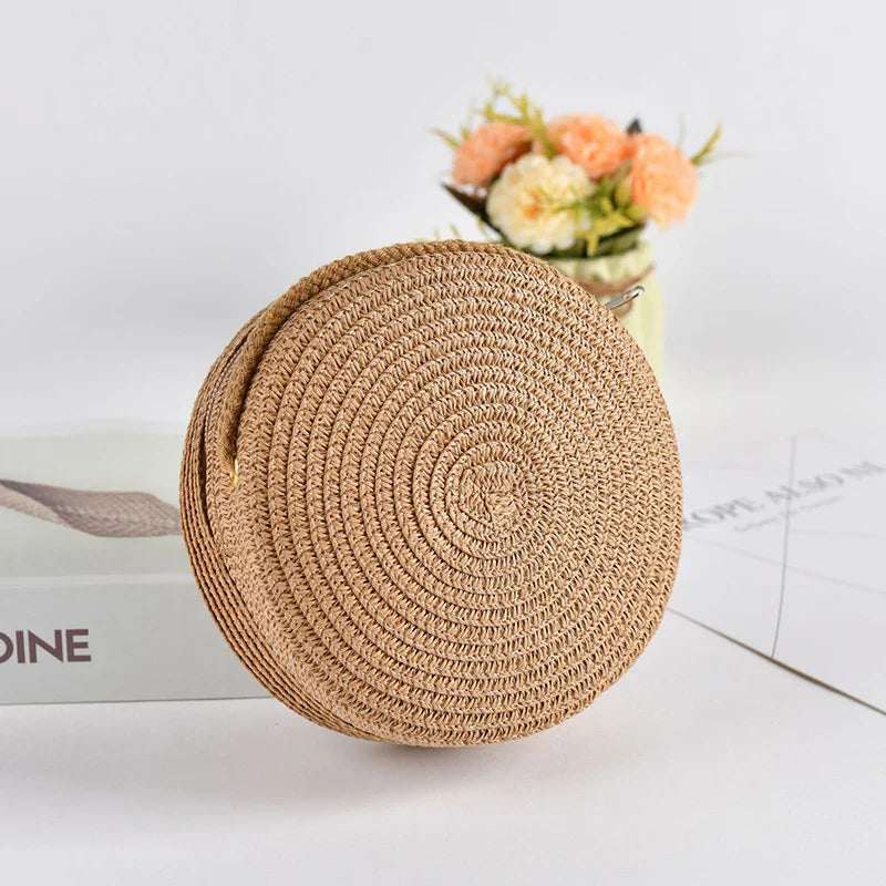 Summer Round Straw Bag For Women Woven Handmade Shoulder Bag New Travel Rattan Beach Bag Casual Style Crossbody Bag Handbag Purs