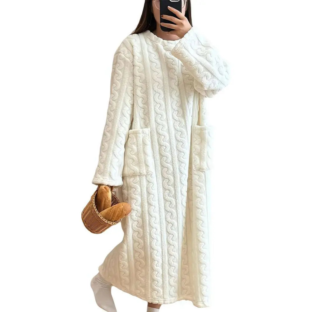 Coral Velvet Women's Nightgown Autumn And Winter Long Sleeve Double Pocket Flannel Nightgowns Women Loose Solid Sleepwear