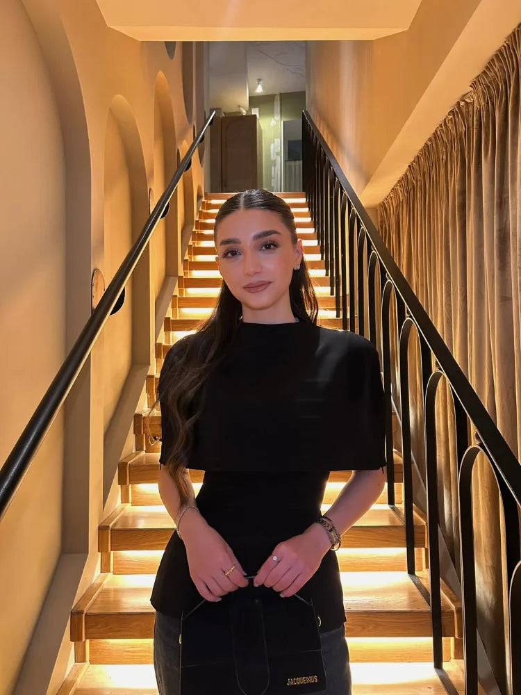 Solid Black Turtleneck Cloak Top Women Elegant Short Sleeve Waist Cinching A-line Short Tops 2026 Lady Spring Autumn Street Wear