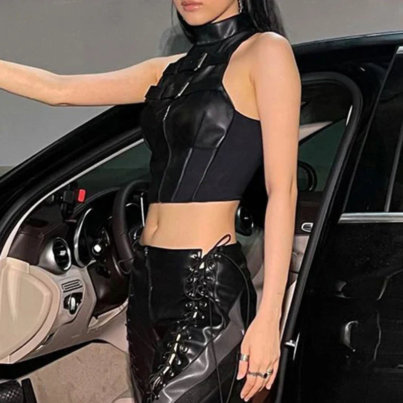 SUCHCUTE Punk Style Leather PU Patchwork Crop Tops Women Grunge Biker Sleeveless Corset Tank Top Streetwear Dark Academia Vest