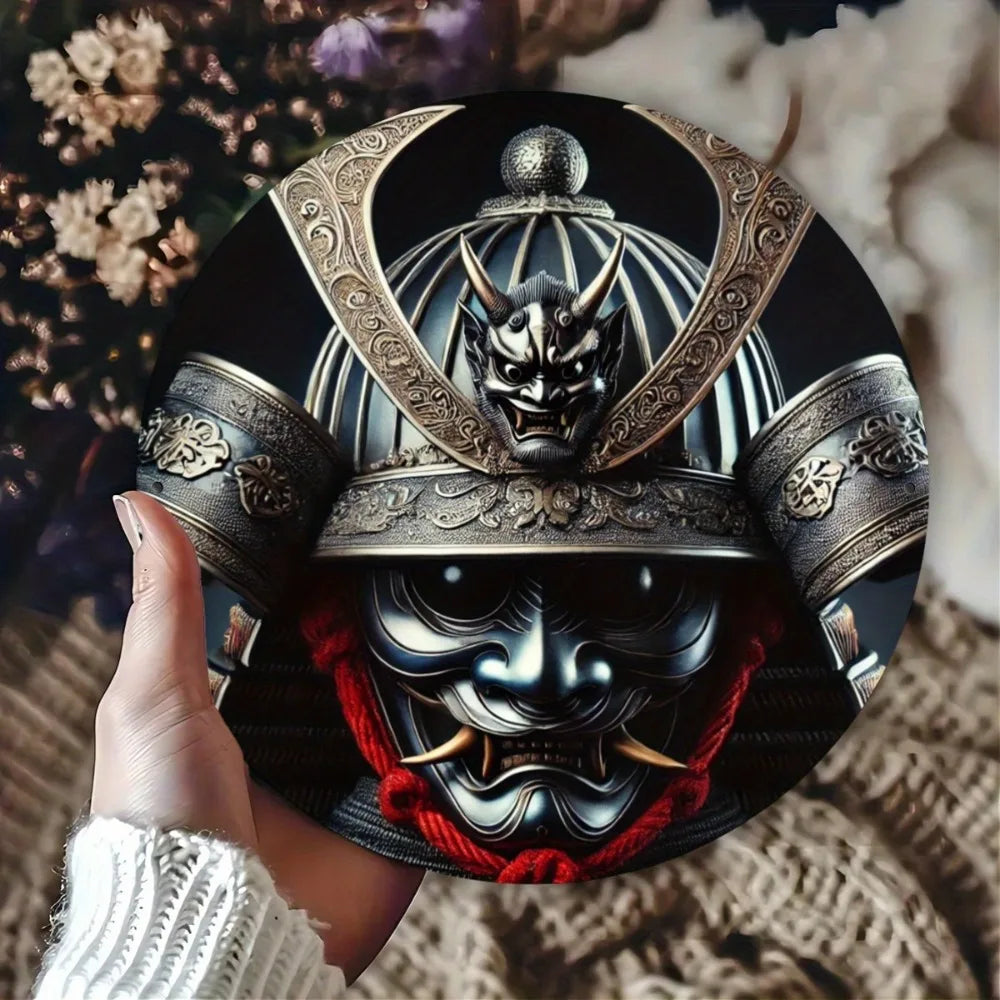Round Metal Sign: Japanese Samurai Helmet (Oni Mask) - Wall Art Decor, Bedroom, Cafe, Home & Dorm Decoration