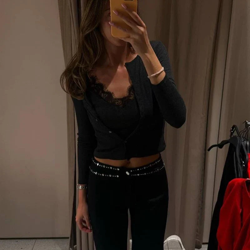 MUJER Lace Cropped Cardigan Women Button up Knit Tops Woman Vintage Knitwears Long Sleeve Knitted Cardigans Sweaters for Women