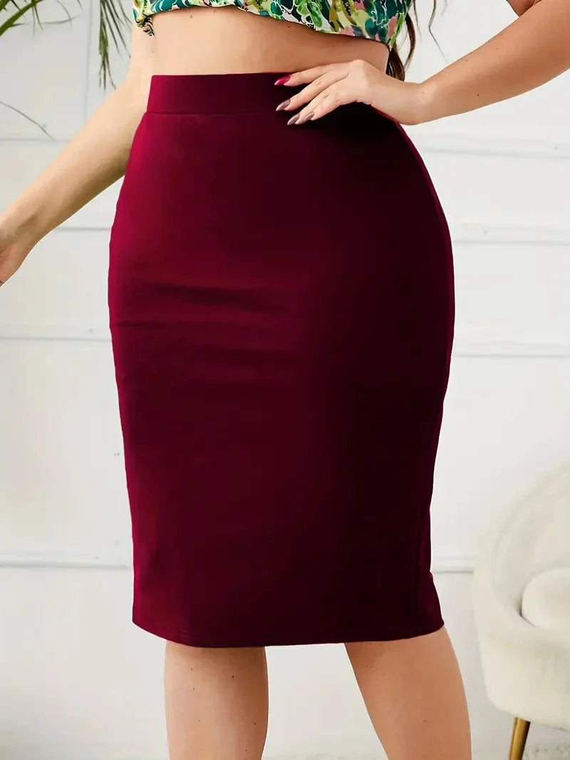 2026 Summer Plus Size Solid Slim Skirt, Casual High Waist Slit Skirt, Women's Plus SizeClothing