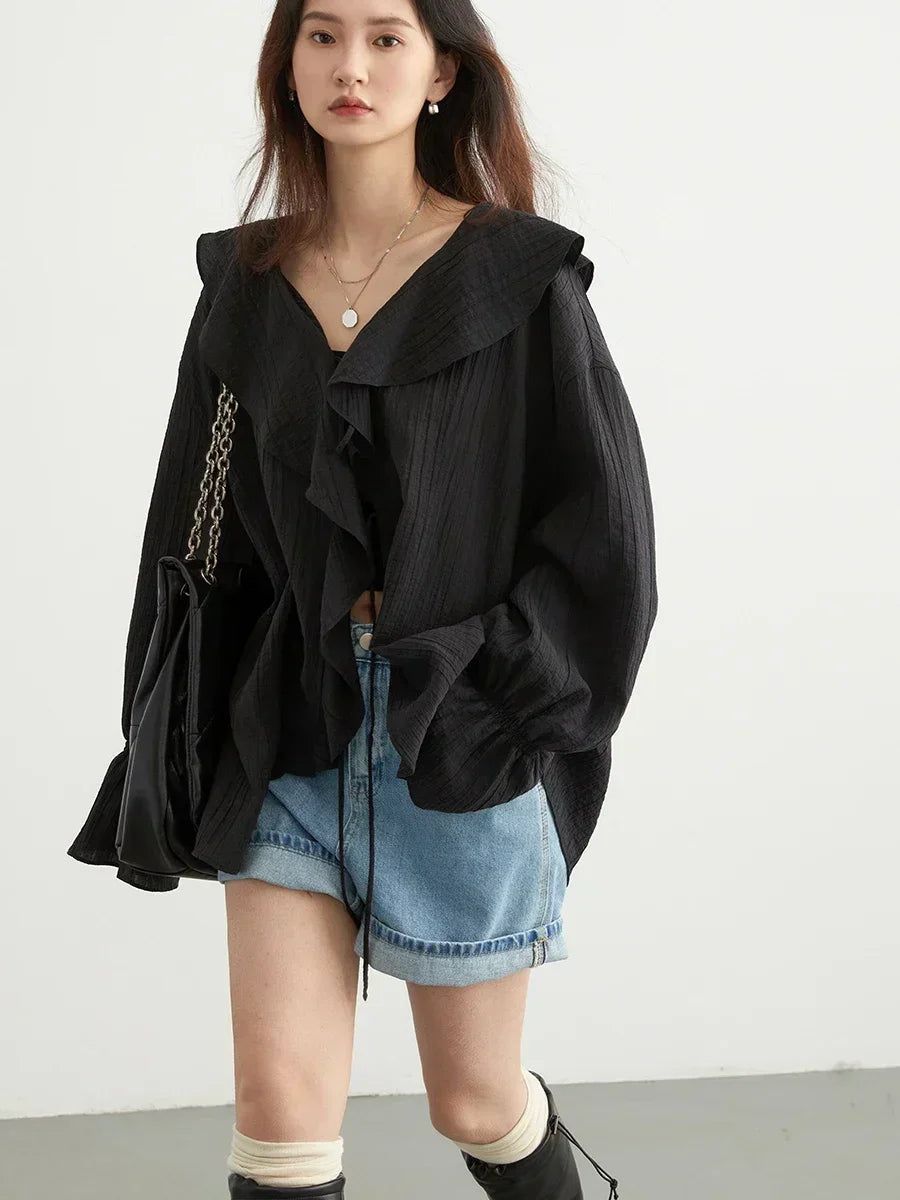 CHIC VEN Women Shirt Loose Casual Ruffled Edges Female Blouses V Neck Lace Up Mid Length Woman Shirts Spring Summer 2026