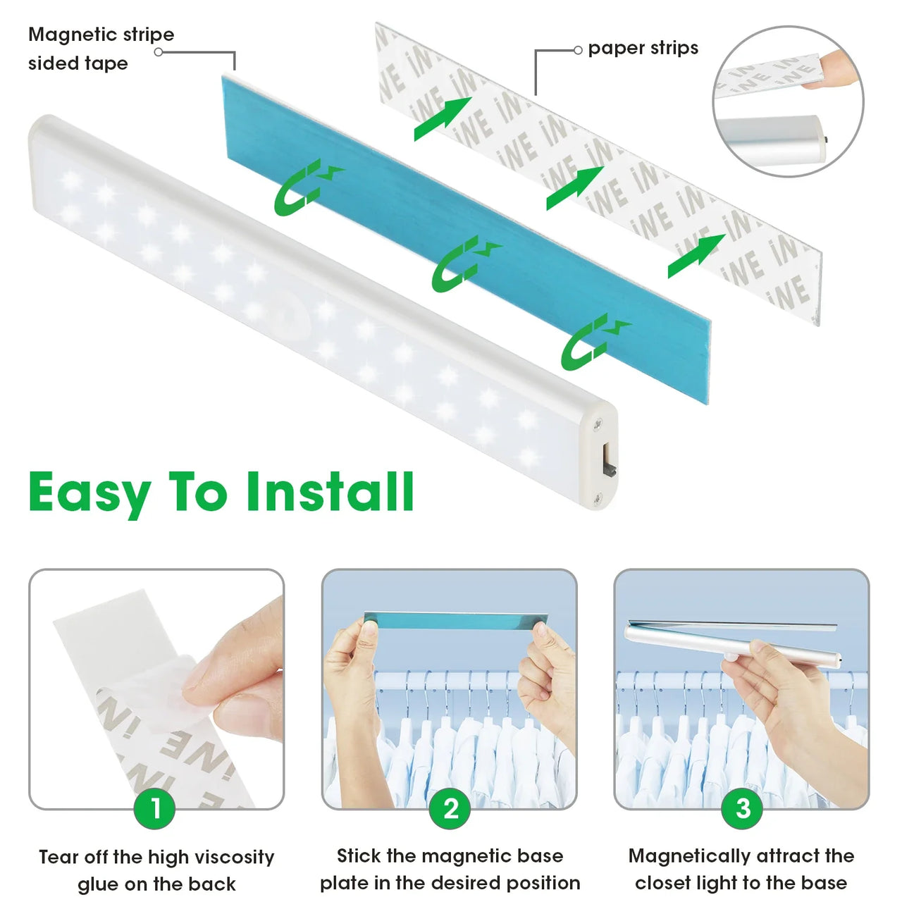 LED Under Cabinet Night Light Motion Sensor Closet Light Kitchen Bedroom Lighting Wall Lamp With Magnetic Strip USB Rechargeable