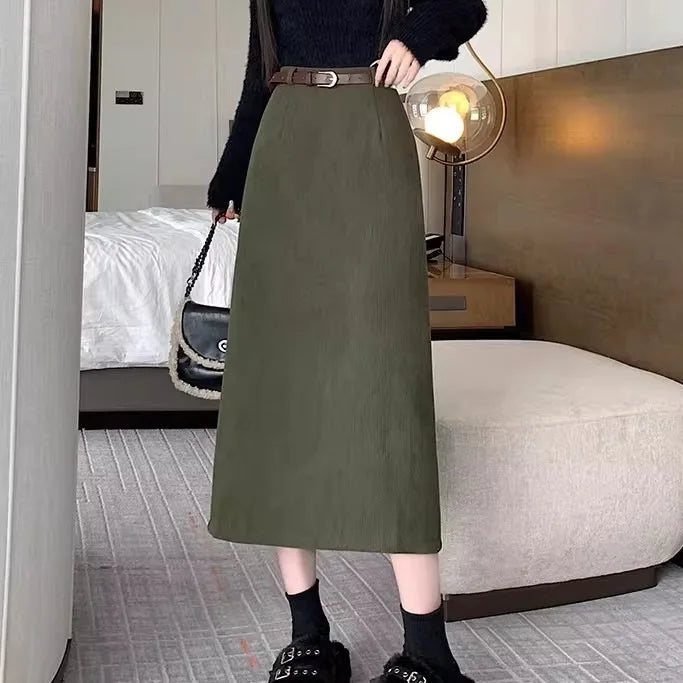 Retro Hong Kong Style Thickened Corduroy Solid Color Half-length Skirt Women's Autumn Winter Wraparound Skirt Mid-length Skirt