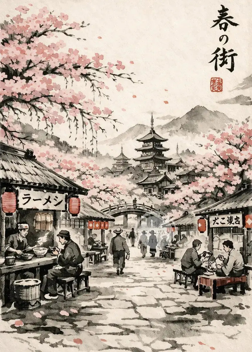 Japanese Ink Painting Landscape Spring Cherry Blossoms Canvas Print Asian Style Wall Art Poster for Living Room Home Decor Gift