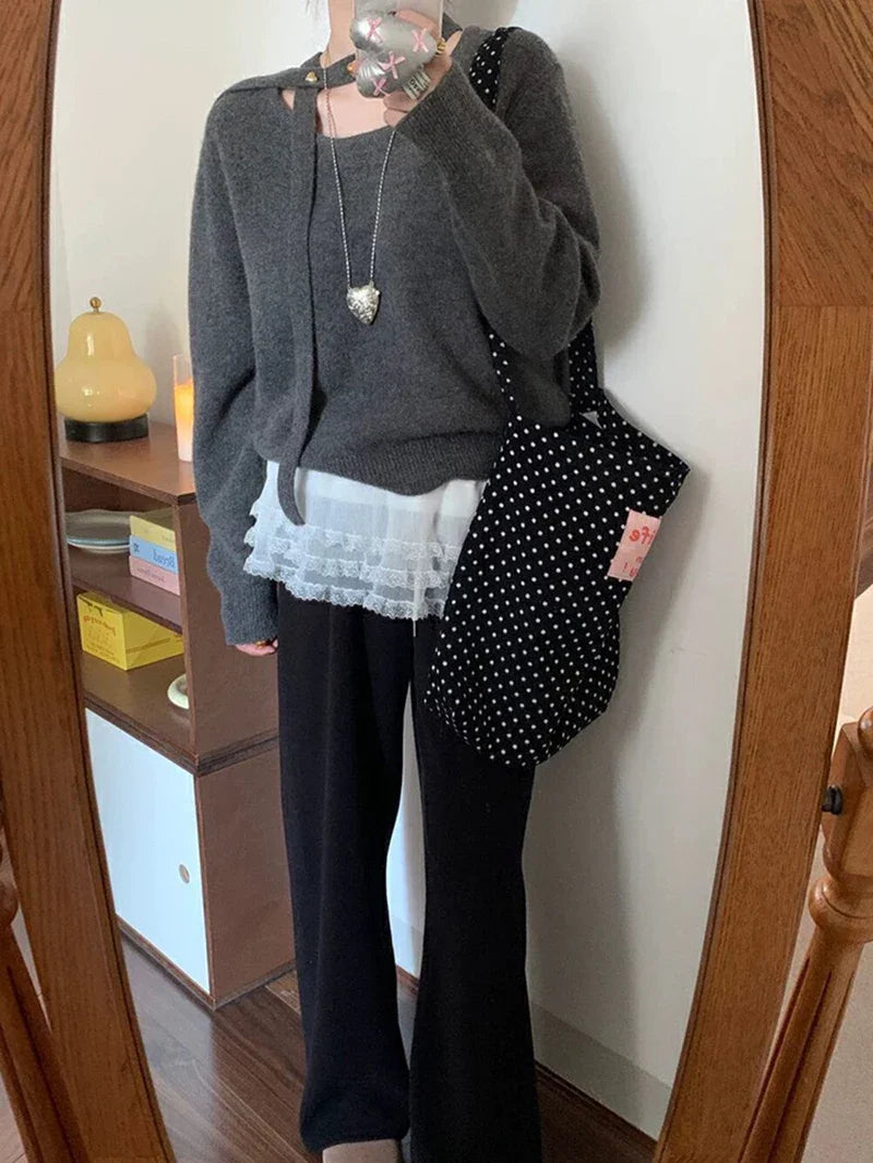 Solid Harajuku White Beige Mesh Lace Skirt Y2k Korean Girl Stacked Skirt Chic Apron Wrap Skirt Lace Up Matching Pants Streetwear