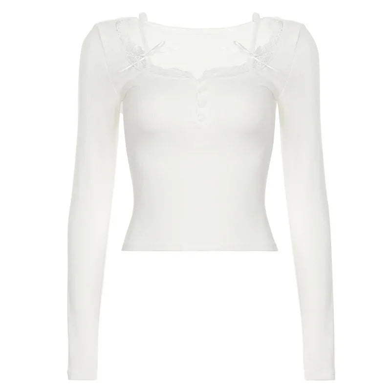 SweetSpicy Lace Stitching Square Collar Neck Long Sleeve T-Shirt Button-Up Cut-Out Slim Fit Knit Short Jacket