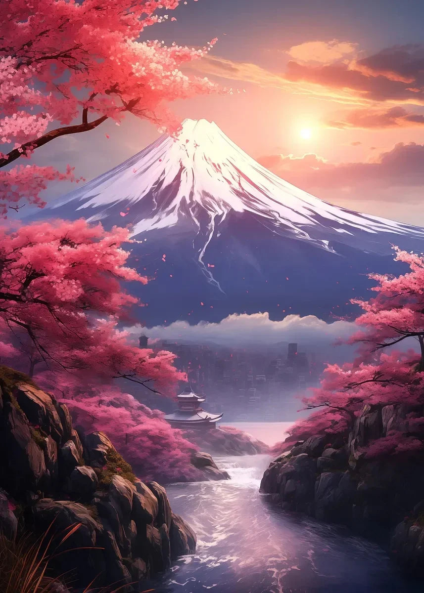 Pink City Asian Travel Japanese Cherry Blossoms At Mount Fuji Poster Light Prints Canvas Painting Wall Pictures Home Room Dec