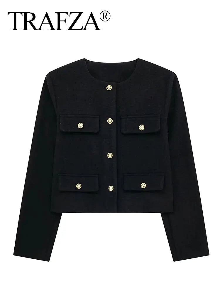 HH Women Vintage Solid Coat Button Long Sleeve O Neck Jacket With Pocket 2024 Spring Elegant Female Casual Outerwear Jakcet