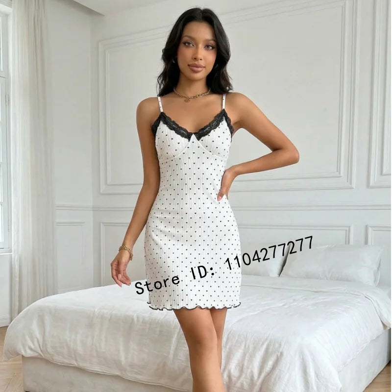 Women's Heart Print Lace Trim Camisole Nightdress,Sleeveless V-Neck Slim Fit Sexy Sleep Dress For Summer Daily Loungewear