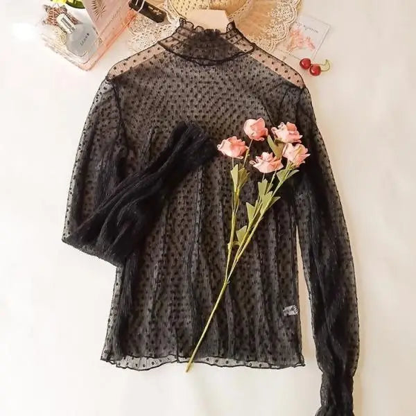 Bella Philosophy Women High Collar Mesh Perspective Blouse Summer Thin See Through Slim Bottoming Lace Long Flare Sleeved Tops