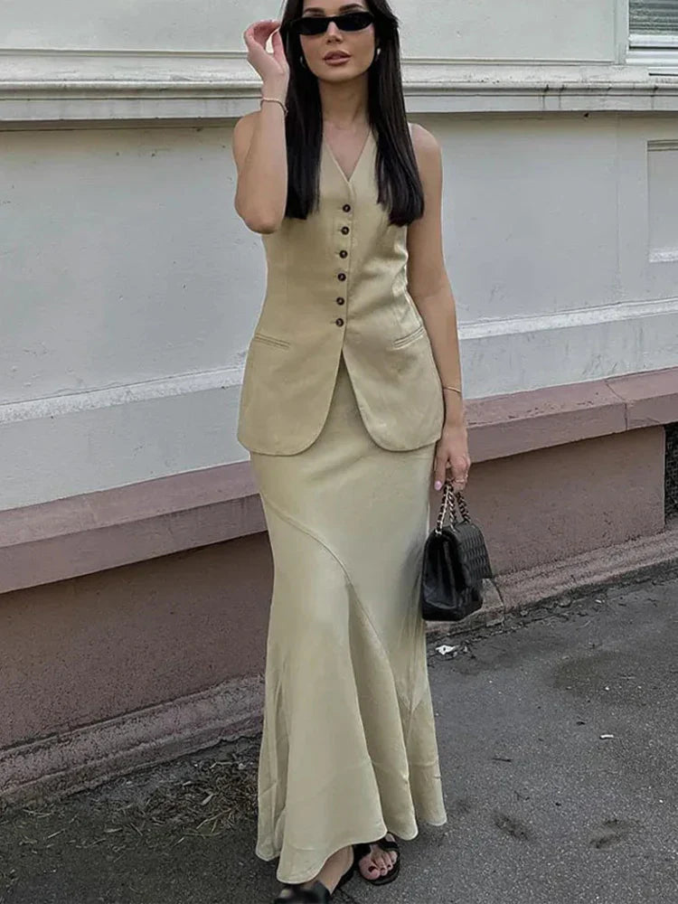 HH Women 2024 Fashion Summer Vest Skirt Sets Khaki V-Neck Sleeveless Pockets Waistcoats+High Waist Asymmetrical Skirt Suits