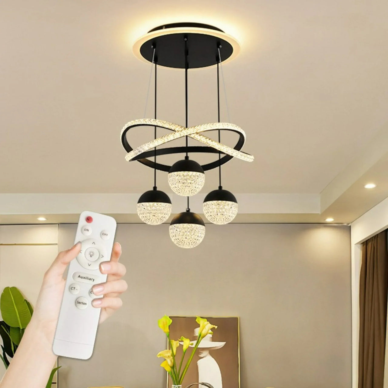 LED Pendant Light with Remote Control Three Color Dimming Simple Living Room Dining Room Bar Counter Staircase Pendant Light