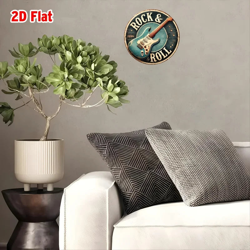 2D FLAT 1pc, Round Rock & Roll Guitar Themed Aluminum Metal Tin Sign, Foil Engraved Wall Art Decor for Home & Office