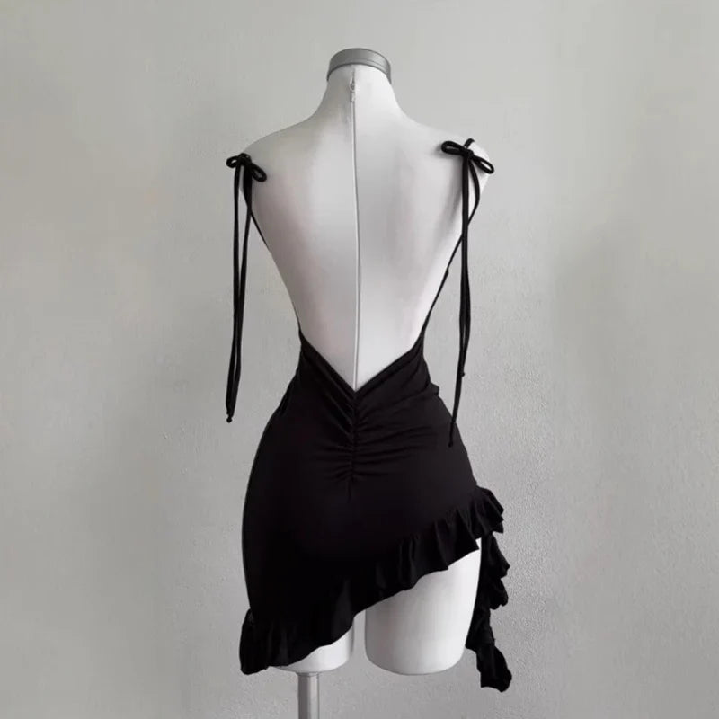 2026 Sexy Sleelveless Backless Mini Dress Women Summer Europe America Lace Up Bodycon Dresses High Street Party Club Black Dress