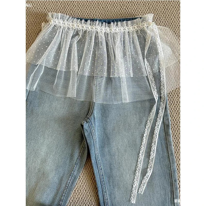 Solid Harajuku White Beige Mesh Lace Skirt Y2k Korean Girl Stacked Skirt Chic Apron Wrap Skirt Lace Up Matching Pants Streetwear
