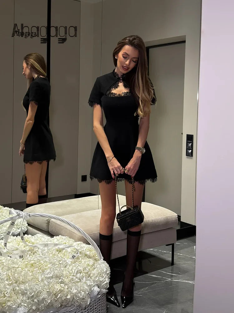 Ahagaga Sexy Women's Mini Dresses Patchwork Short Sleeves Lace Hollow Out Slim Fit Trend Baisc Turtleneck Streetwear Female Robe