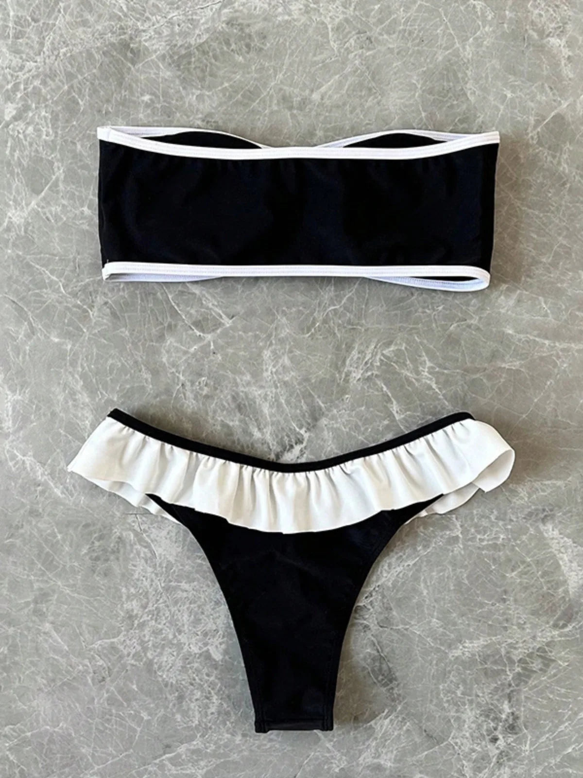 Women's Strapless Swimsuit 2-piece Suit Solid Color Patchwork Push Up Ruffle Thong Beach Hot Spring Bikini Set 2026 New Swimwear