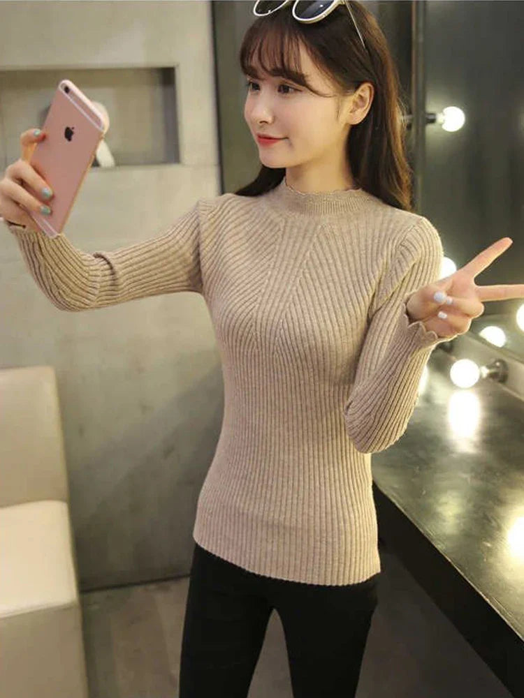 2026 Autumn Women Mock Neck Ruffles Sweater Long Sleeve Knitted Bottoming Solid Pullovers Stripe Women Casual Sweater Winter