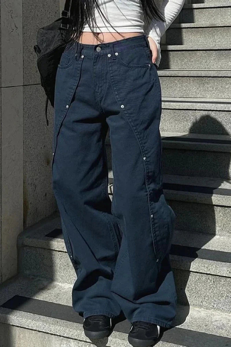 Jeans for Woman Y2k Clothes Relaxed Loose Fit Wide Leg Trousers Vintage American Retro Style with Rivet Patchwork Split Design