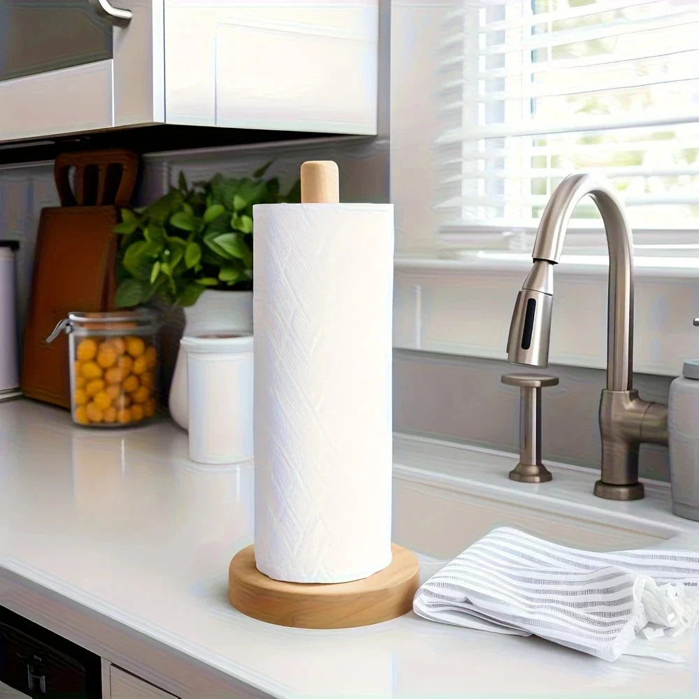 Bamboo Paper Towel Holder Wooden Dispenser Round Countertop Stand Kitchen Bathroom Organization Jewelry Accessories Storage Rack